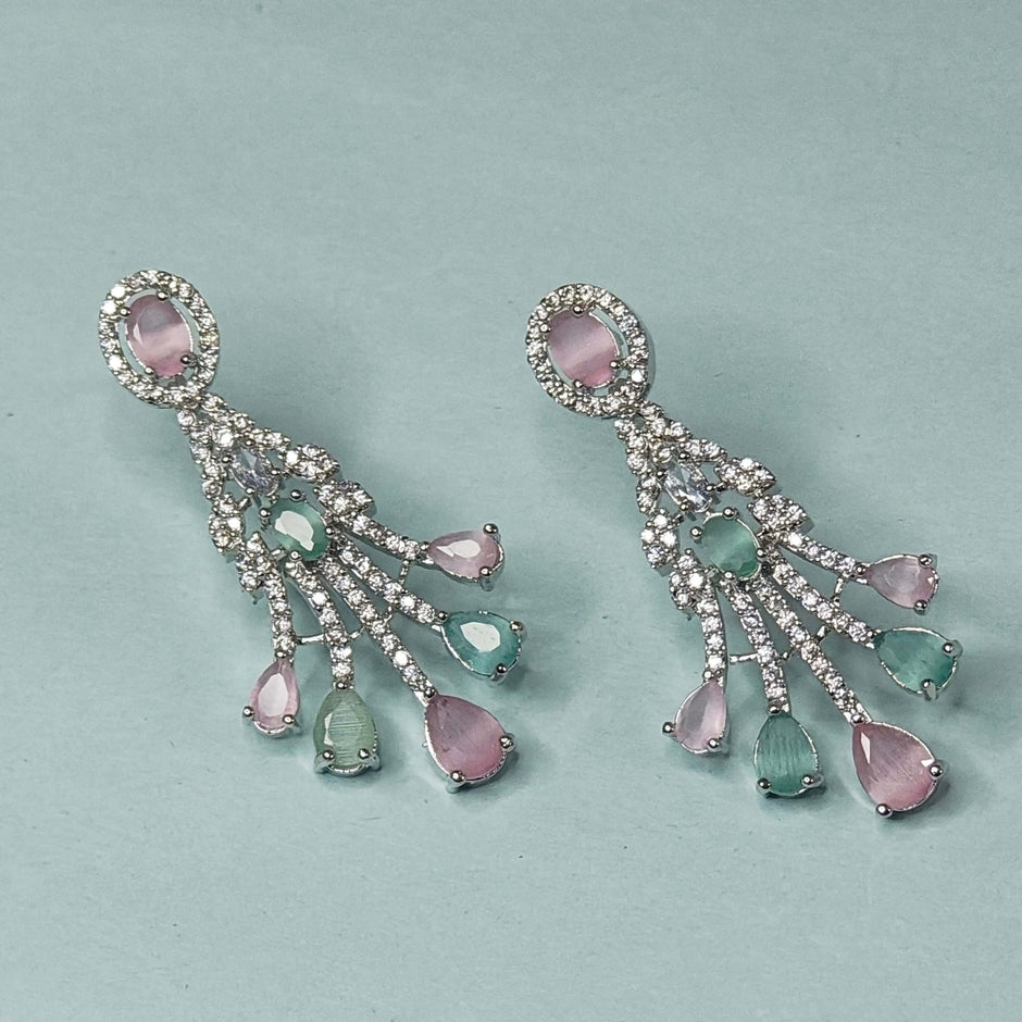 Raha Silver Tone AD Necklace Set - Mint Green and Pink