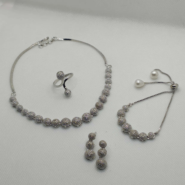 Ziva AD Necklace, Earring with Ring and Bracelet - Silver Plated