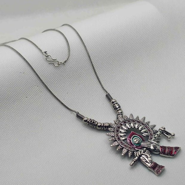 Krishna Silver Oxidized Chain Pendant - Red