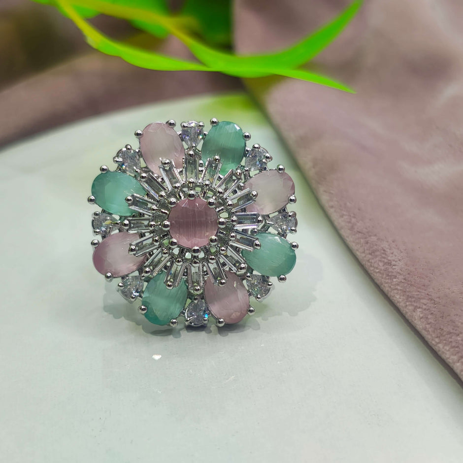 Maya Pink and Mint Green Silver Plated AD Rings