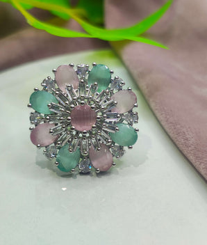 Maya Pink and Mint Green Silver Plated AD Rings