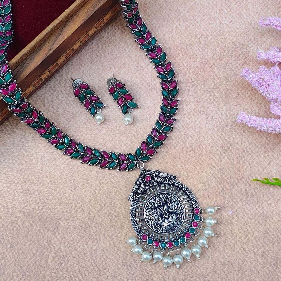 Bhavika Pink & Green Stone Silver Oxidized Long Necklace Set
