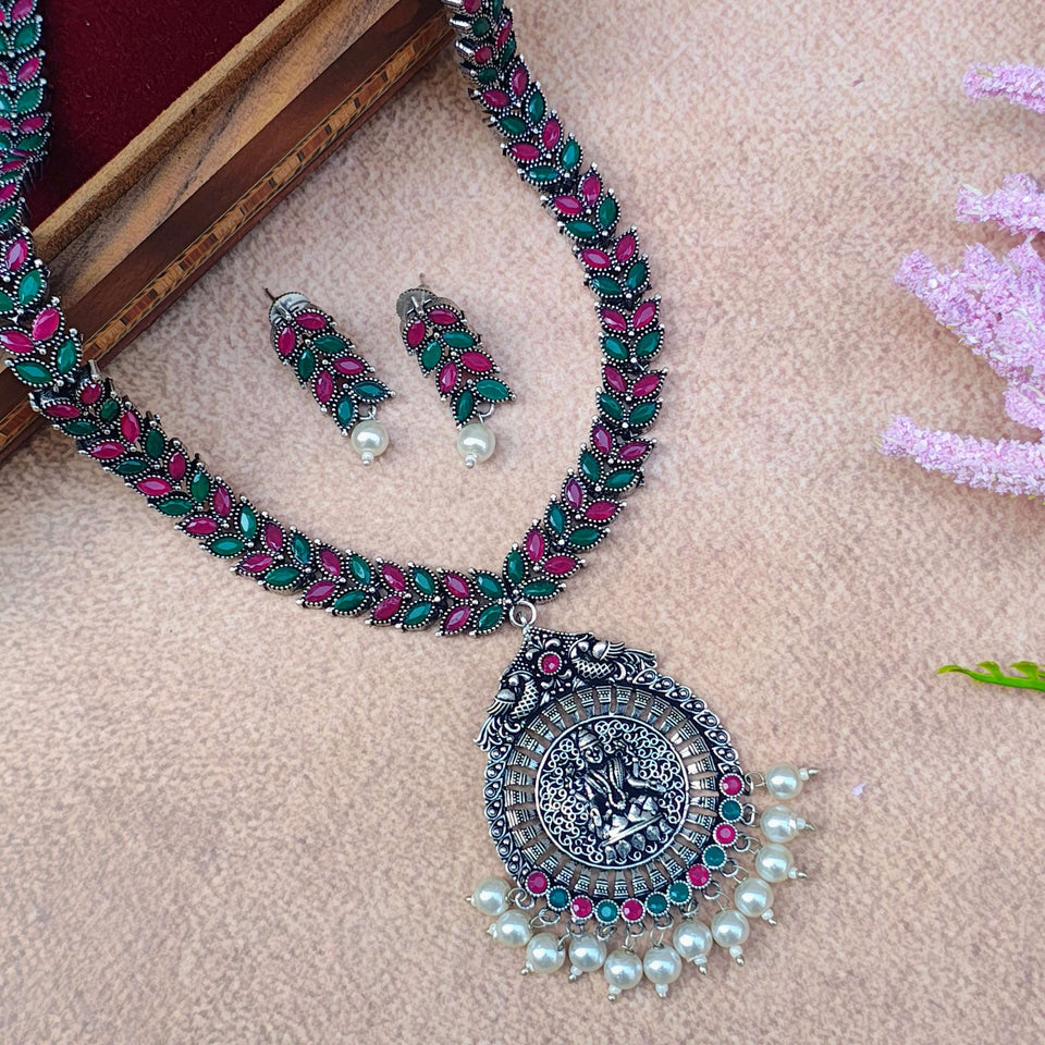 Bhavika Pink & Green Stone Silver Oxidized Long Necklace Set