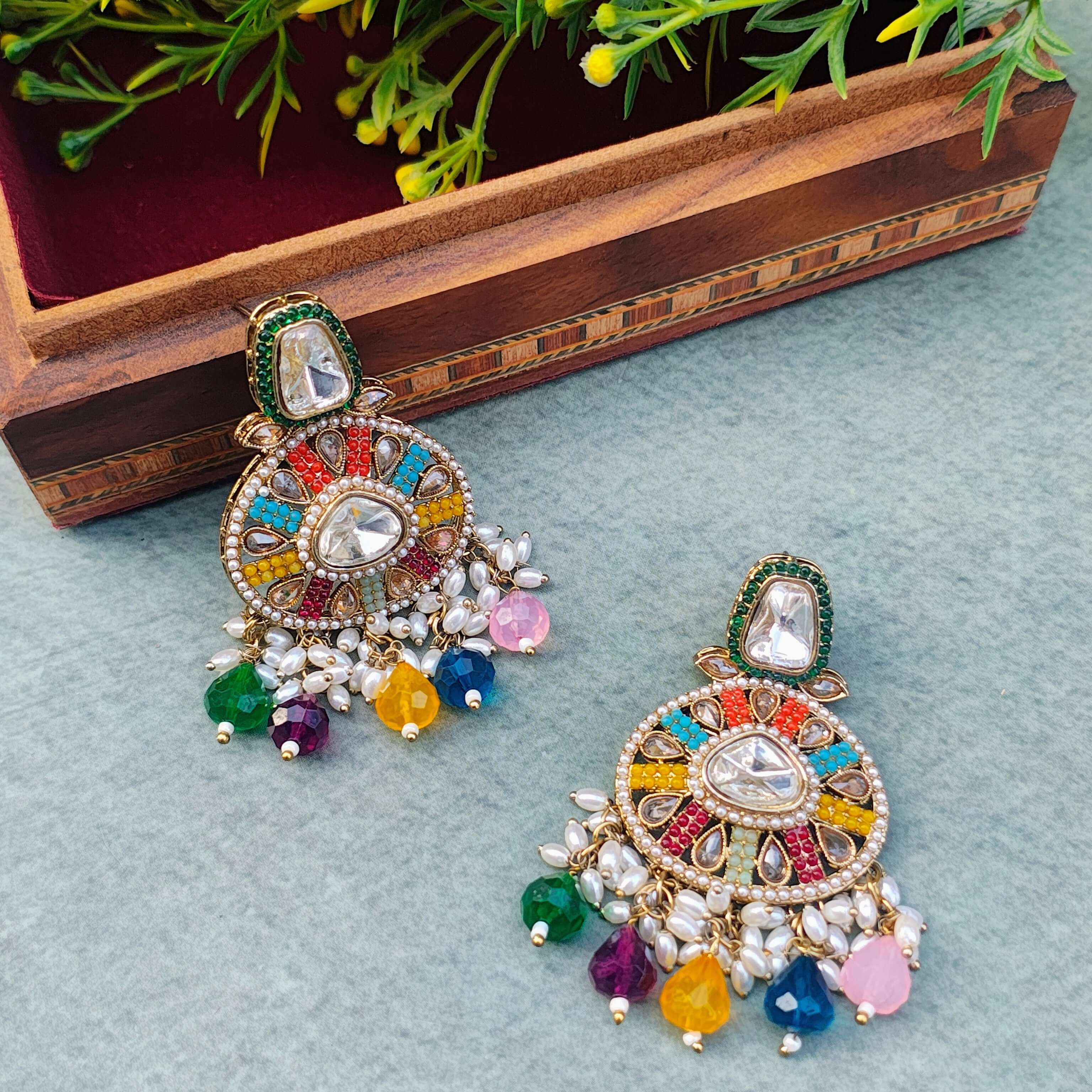Vani Mukticolour Pearl and Polki Earrings