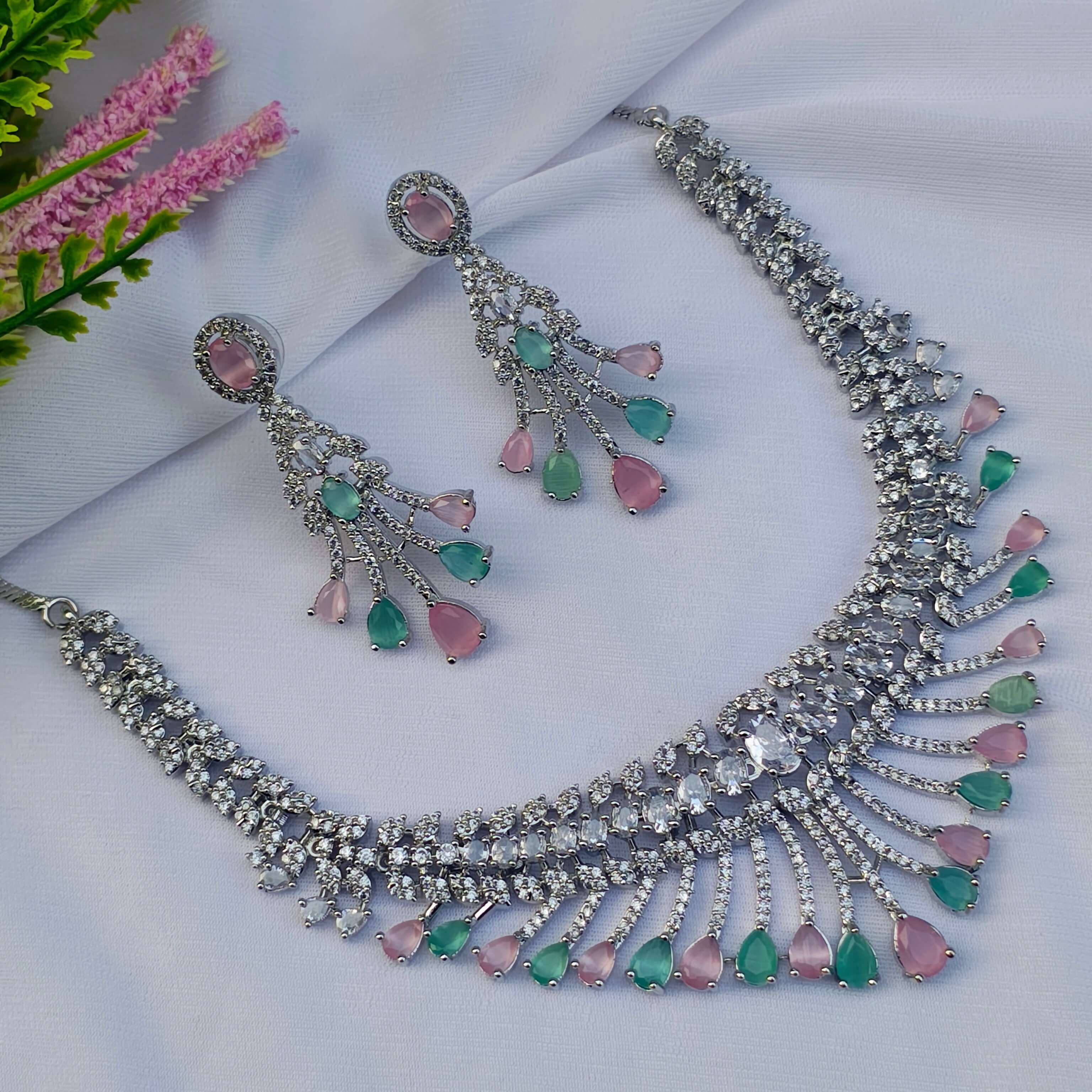 Raha Silver Tone AD Necklace Set - Mint Green and Pink