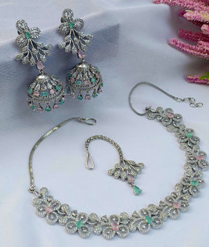 Adrika Pink and Mint Green Silver Plated AD Necklace Set