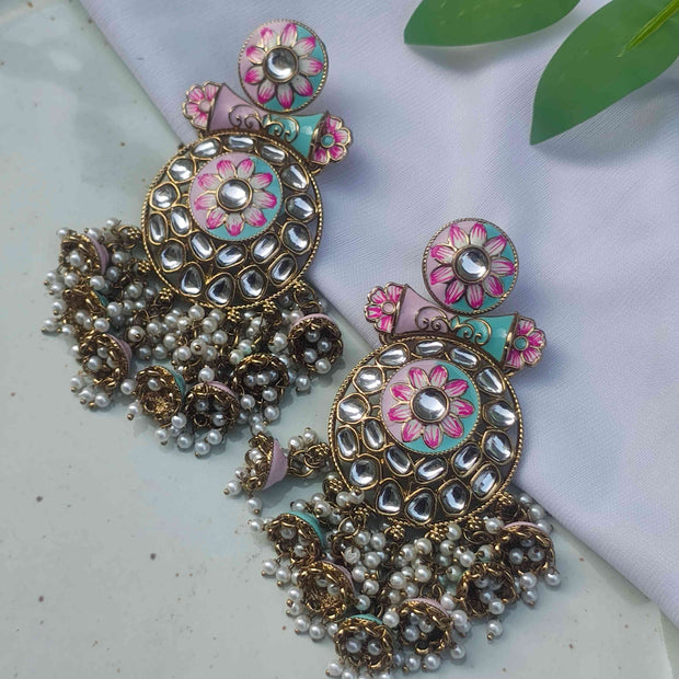 Manyata Pearl and Polki Earrings - Pink