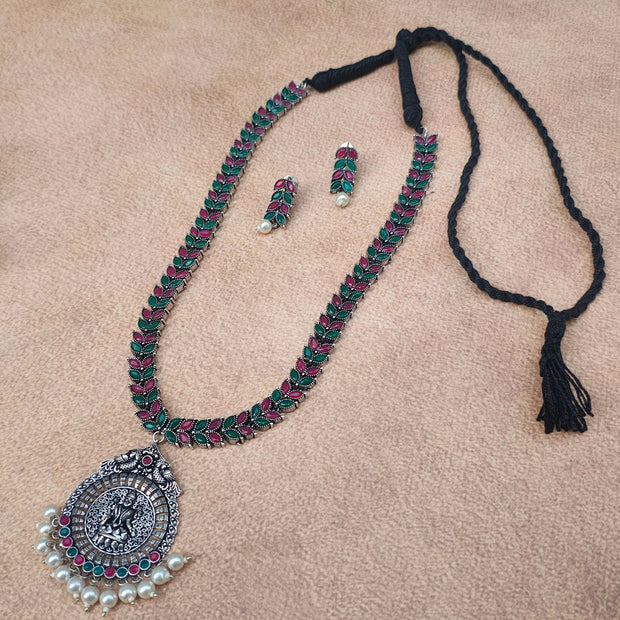 Bhavika Pink & Green Stone Silver Oxidized Long Necklace Set