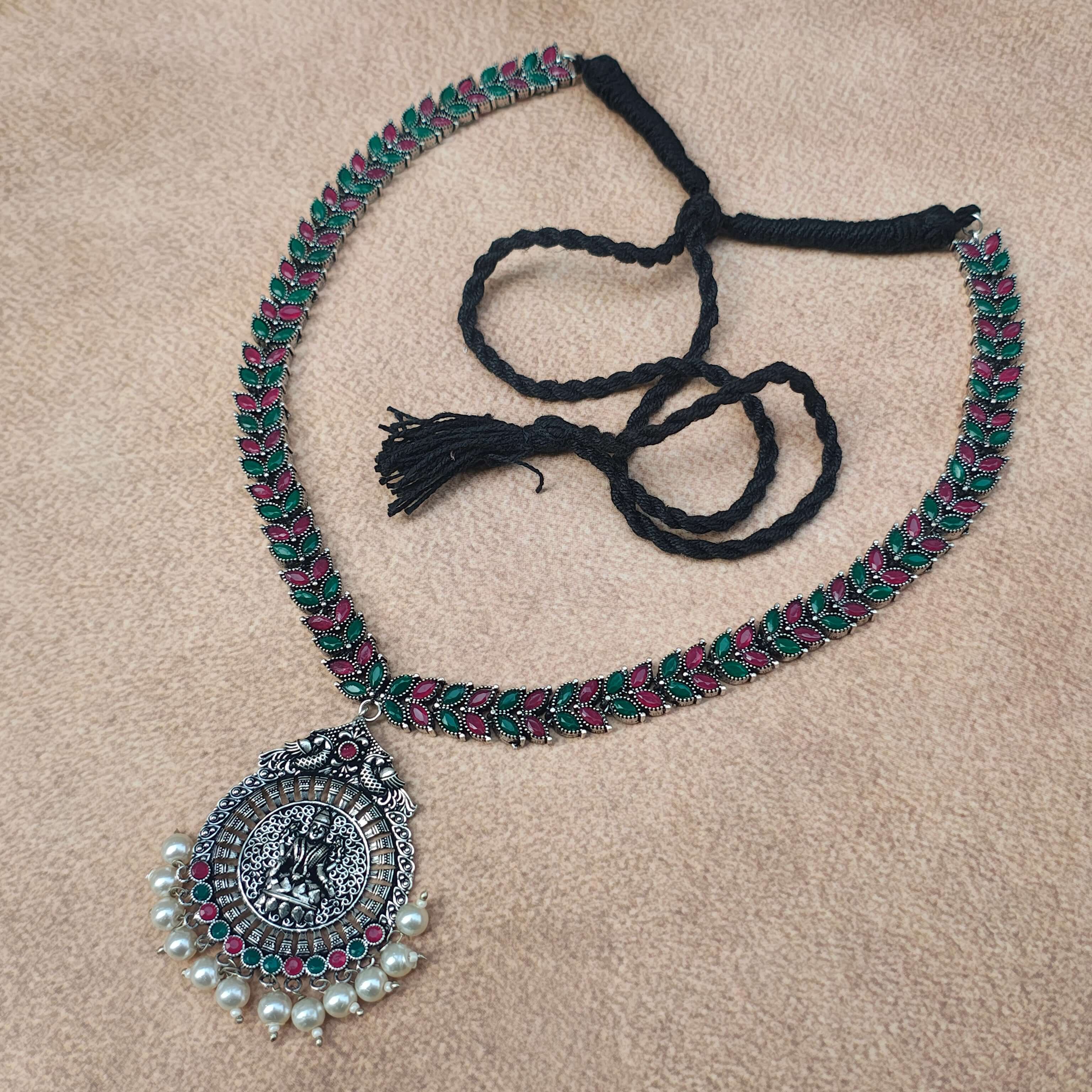 Bhavika Pink & Green Stone Silver Oxidized Long Necklace Set