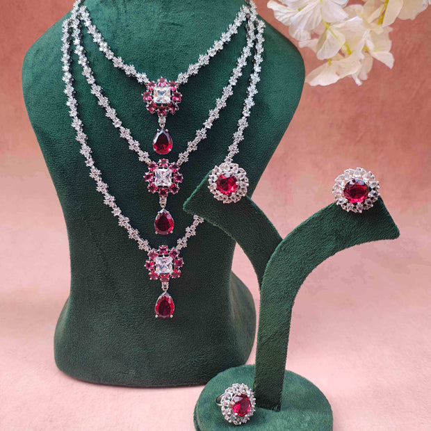 Neeta Three Layered Ruby Red AD Necklace Set