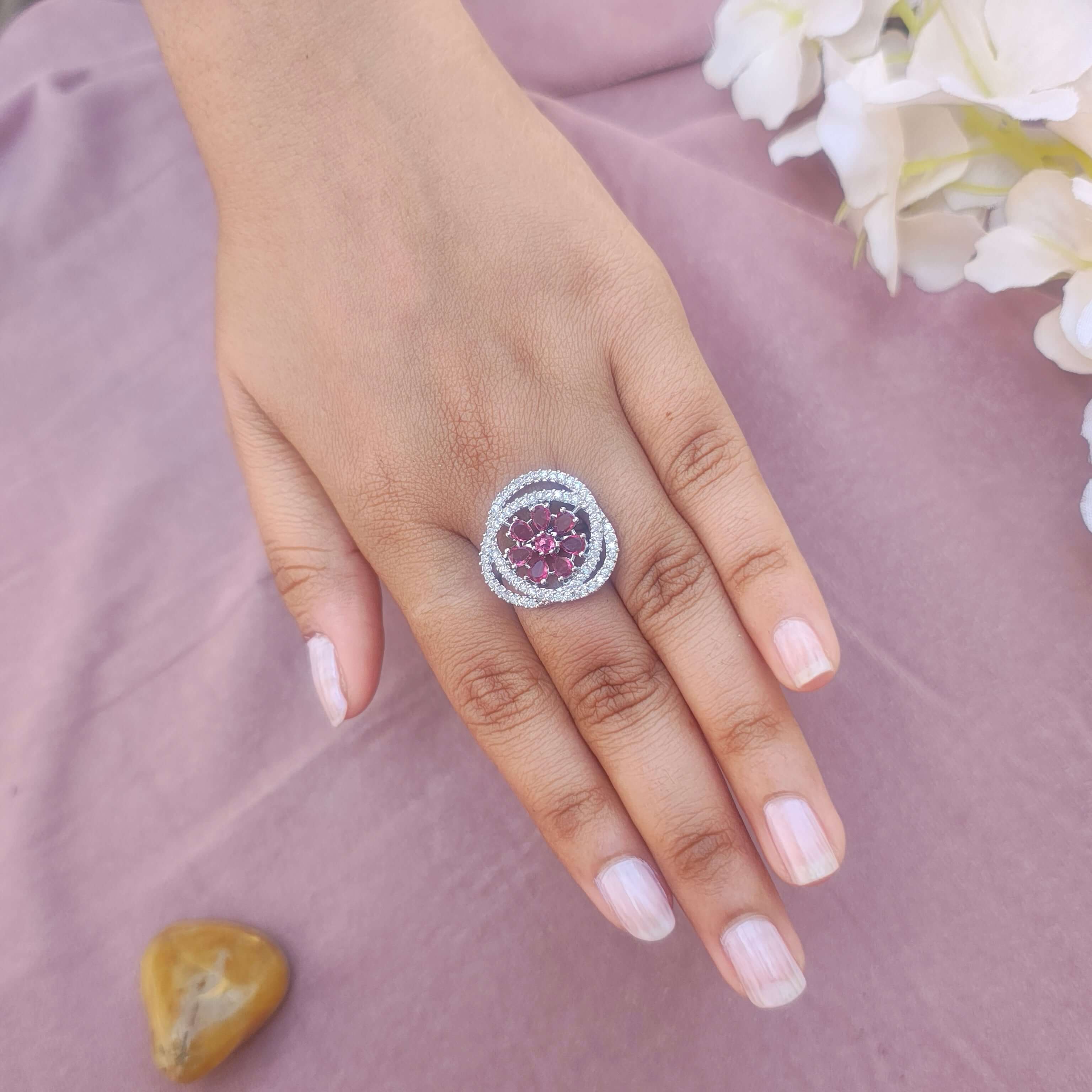 Tivra Silver Plated AD Rings - Pink