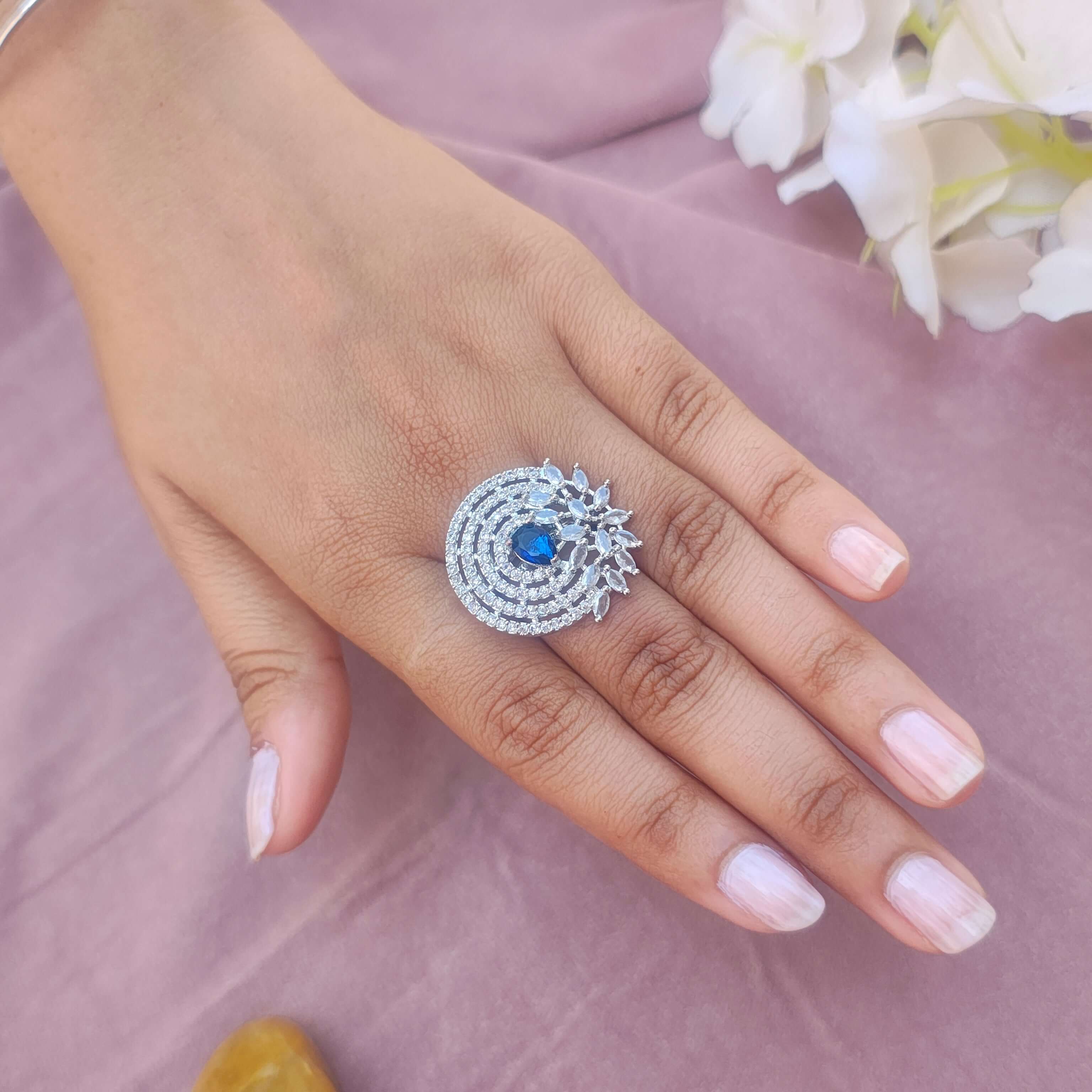 Priya Silver Plated AD Rings - Blue