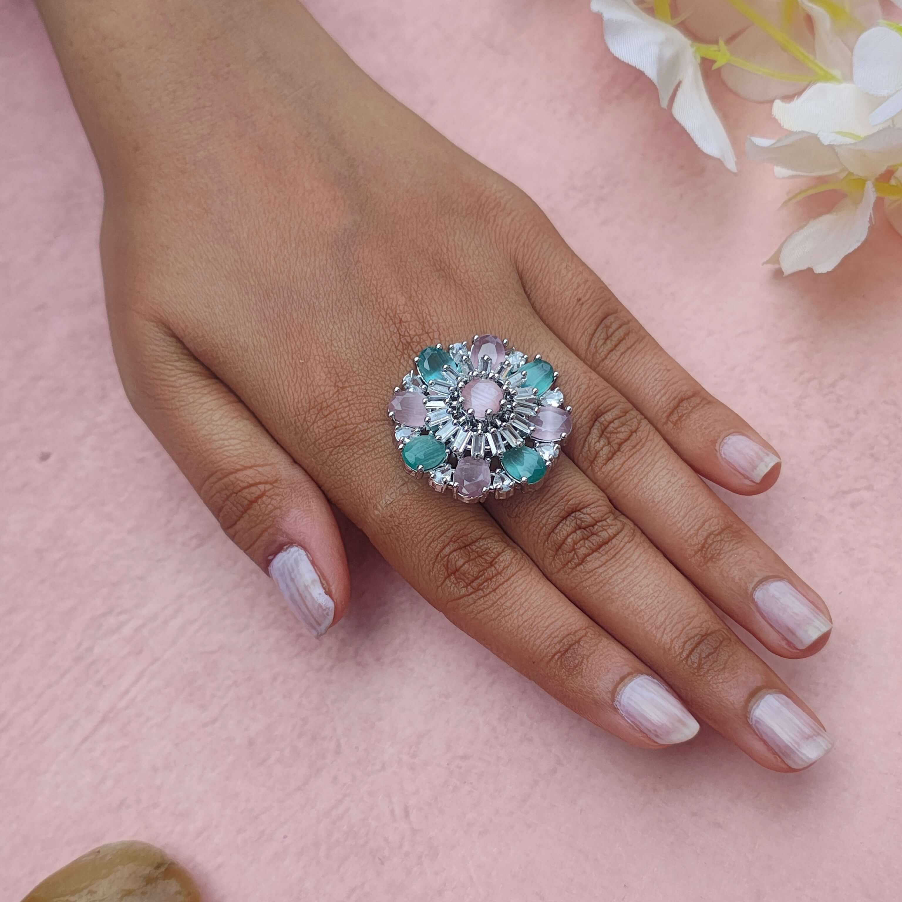 Maya Pink and Mint Green Silver Plated AD Rings