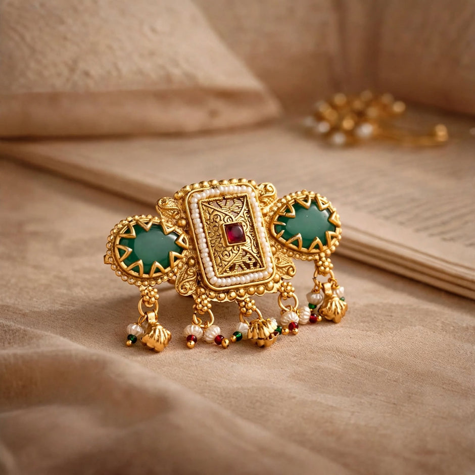 RAJASI ANTIQUE GOLD KUNDAN RING WITH GREEN STONE & PEARL DROPS