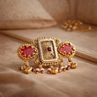 RAJASI ANTIQUE GOLD KUNDAN RING WITH CORAL PINK STONES & PEARL DROPS