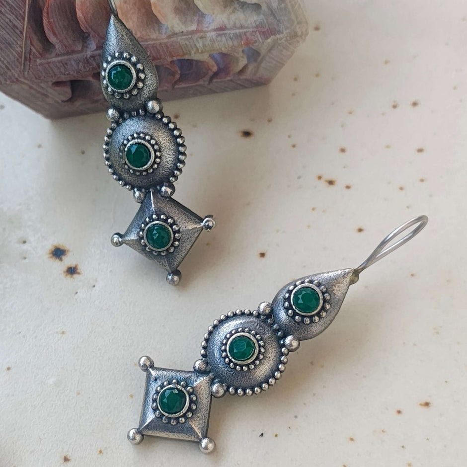 IMLI SILVER OXIDIZED EARRINGS - GREEN