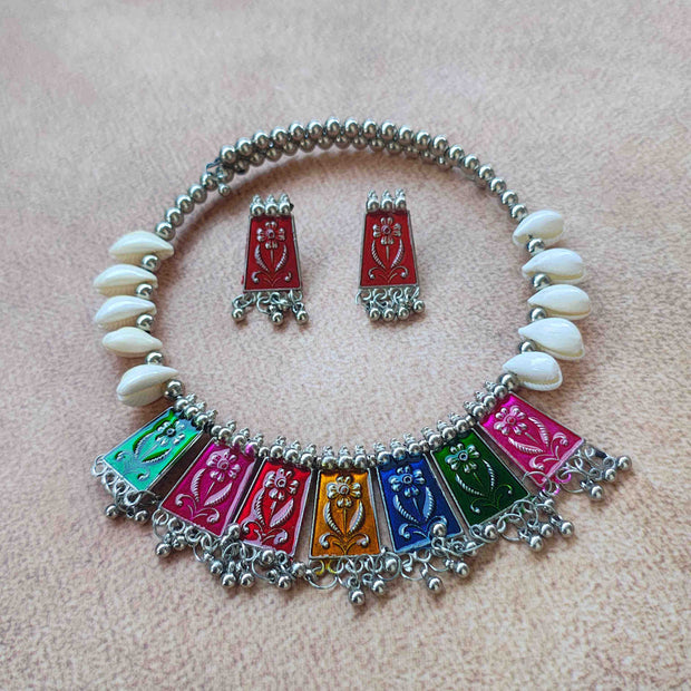ISHITA KAUDI & GHUNGROO SILVER OXIDIZED HASLI SET - MULTICOLOUR