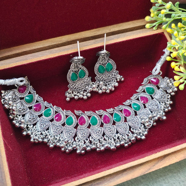 Kaushiki Pink & Green Stone Silver Oxidized Choker Set