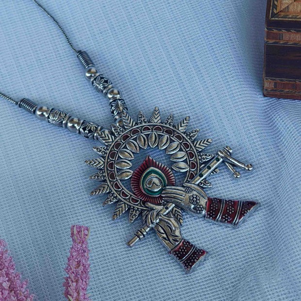 Krishna Silver Oxidized Chain Pendant - Red