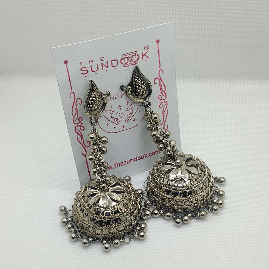 MANNAT SILVER OXIDIZED GHUNGROO JHUMKA EARRINGS