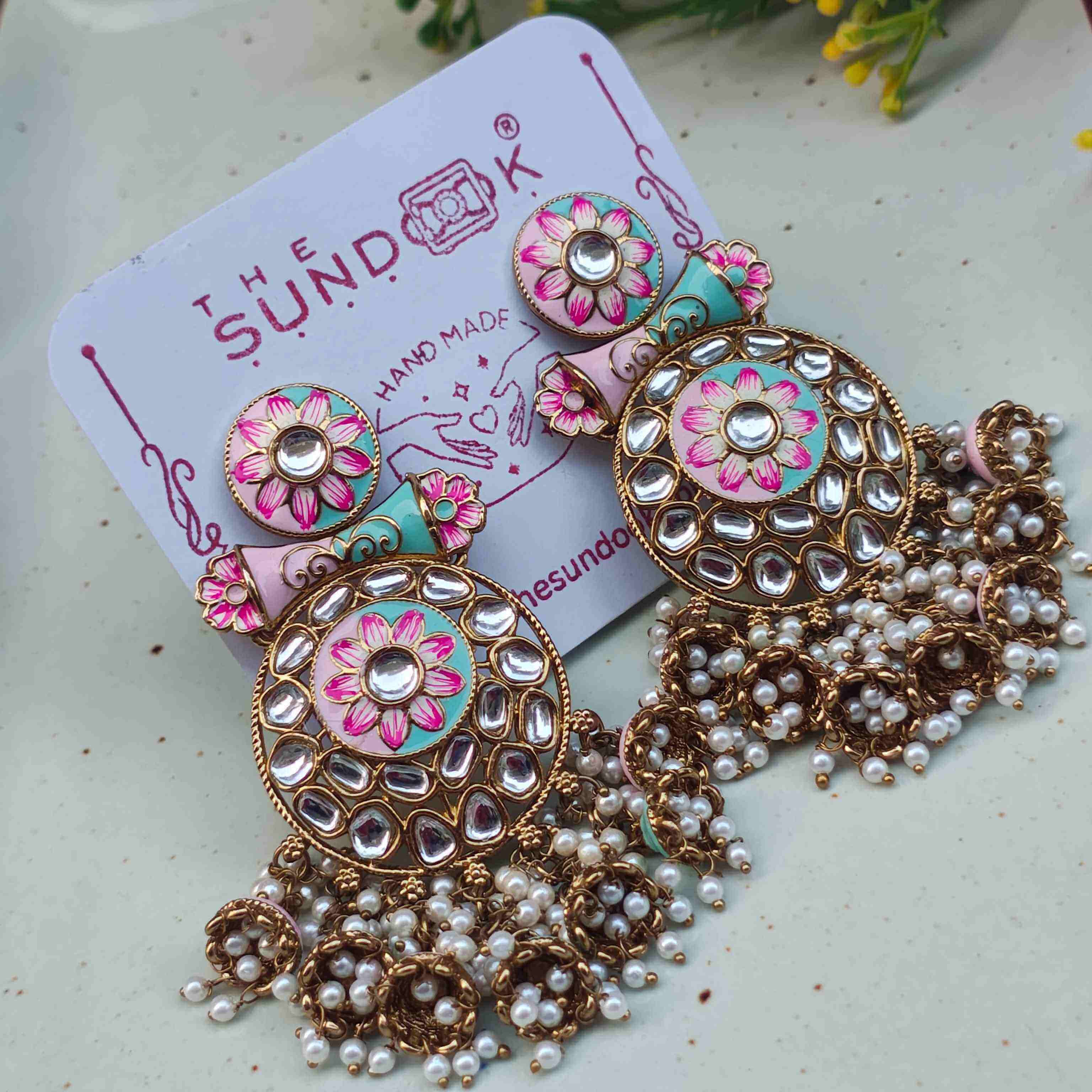 Manyata Pearl and Polki Earrings - Pink