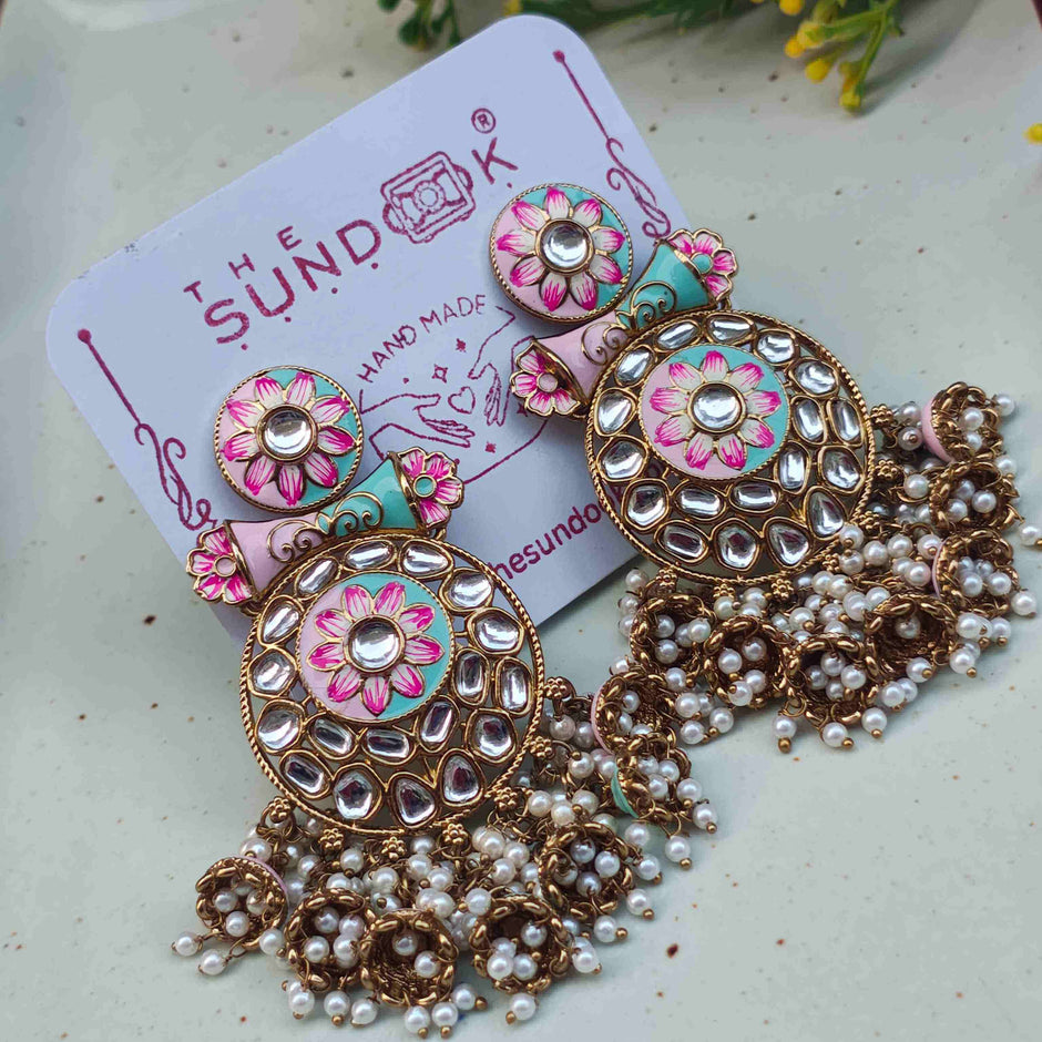 Manyata Pearl and Polki Earrings - Pink