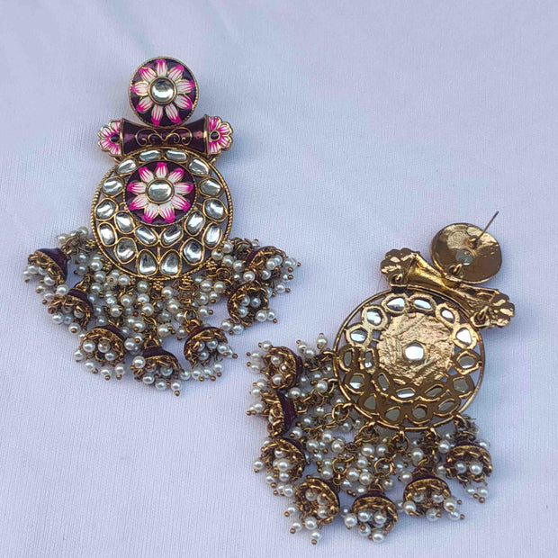 MANYATA PEARL AND POLKI EARRINGS - WINE COLOUR