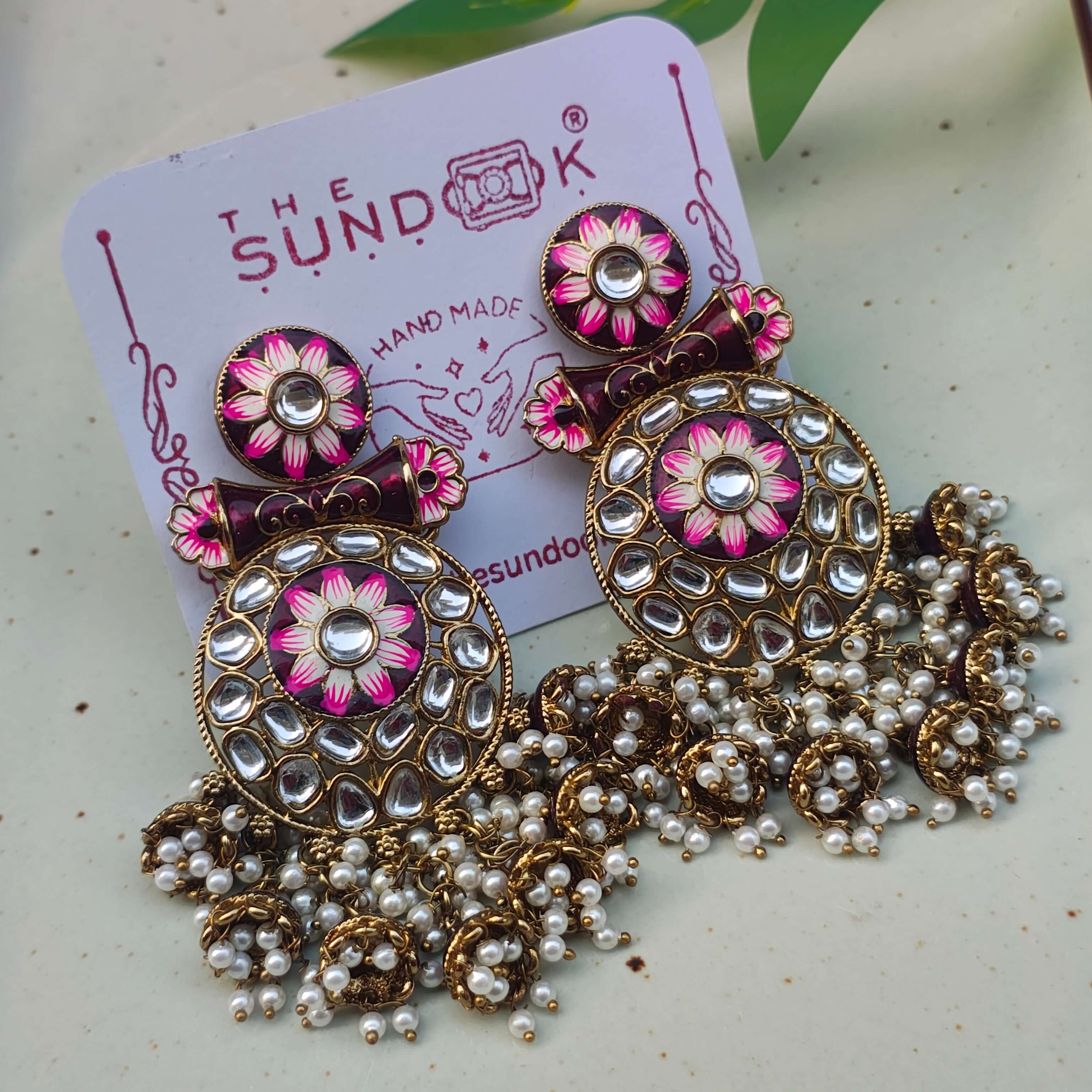 MANYATA PEARL AND POLKI EARRINGS - WINE COLOUR