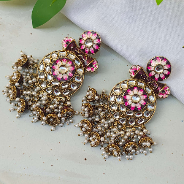 MANYATA PEARL AND POLKI EARRINGS - WINE COLOUR