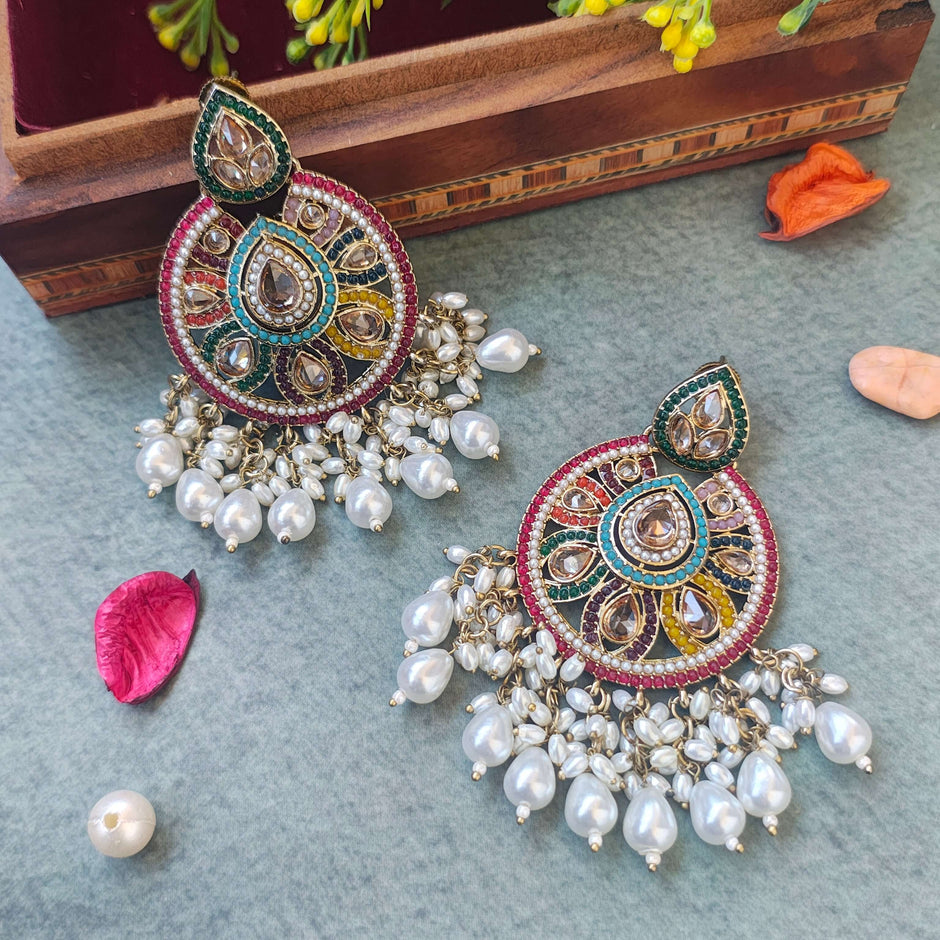 MOKSHITA KUNDAN AND POLKI CHANDBALI EARRINGS -NAVRATAN STYLE