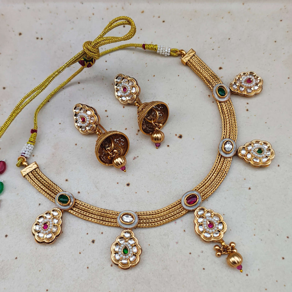 Mishka Antique Gold Kundan Necklace Set