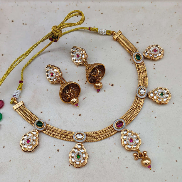 Mishka Antique Gold Kundan Necklace Set