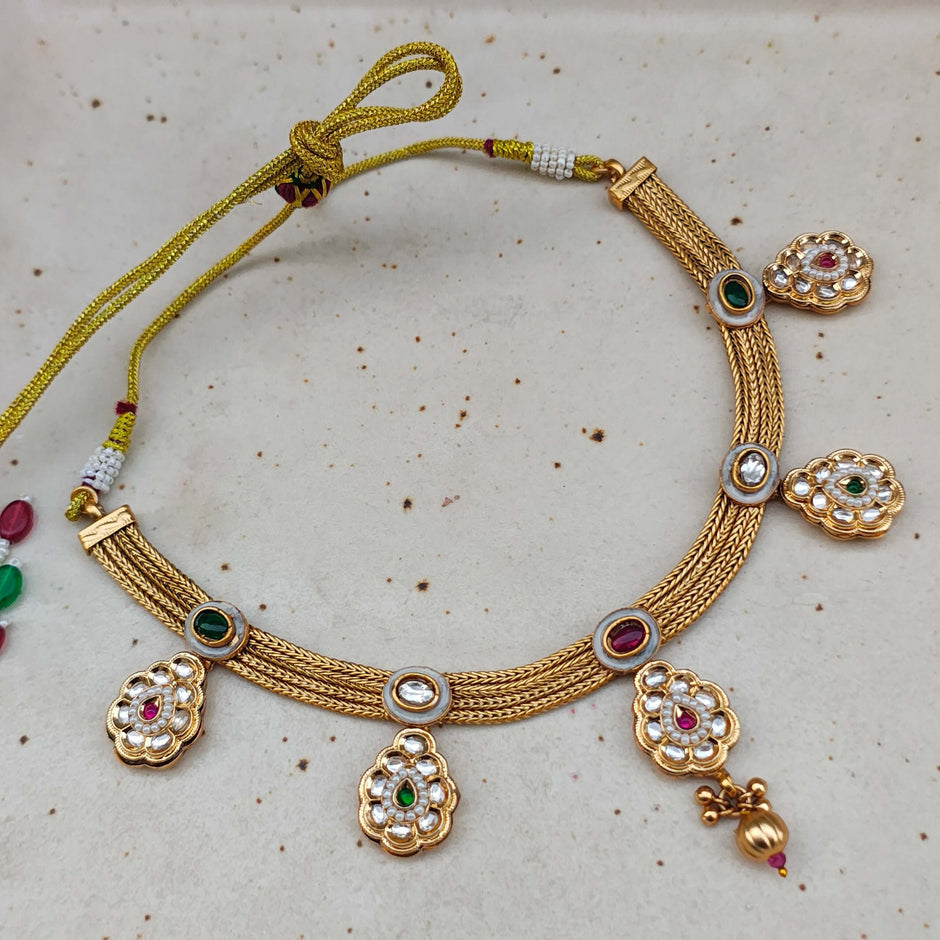 Mishka Antique Gold Kundan Necklace Set