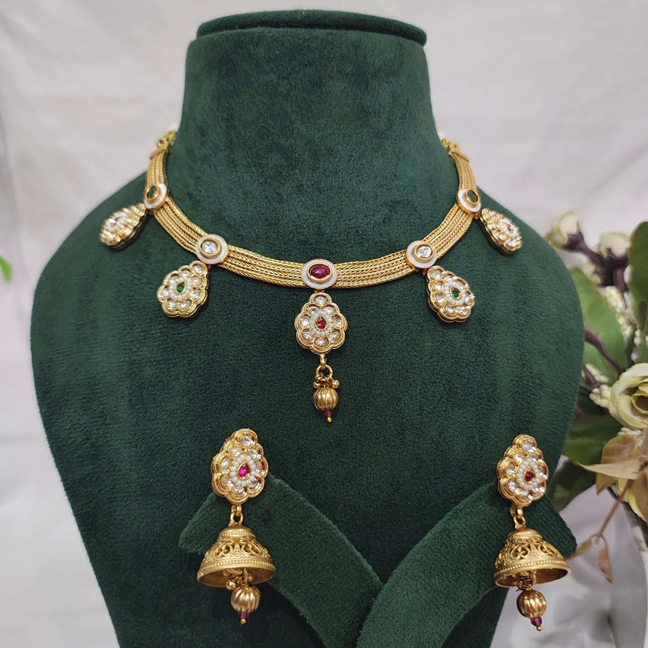Mishka Antique Gold Kundan Necklace Set