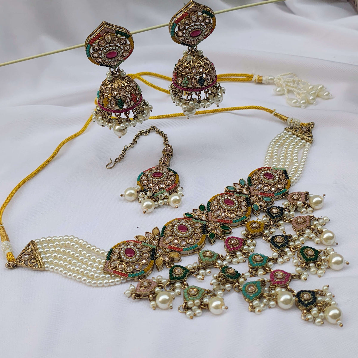 Nandita Pearl and Polki Multicolour Choker Set