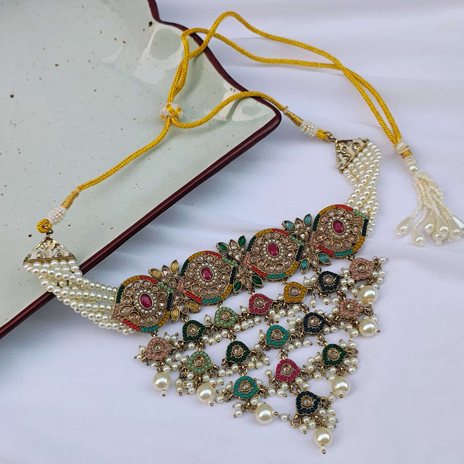 Nandita Pearl and Polki Multicolour Choker Set