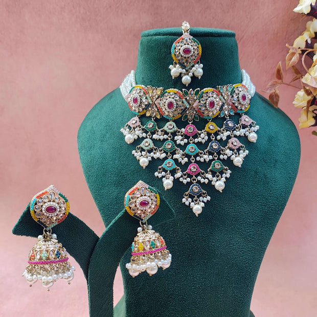 Nandita Pearl and Polki Multicolour Choker Set