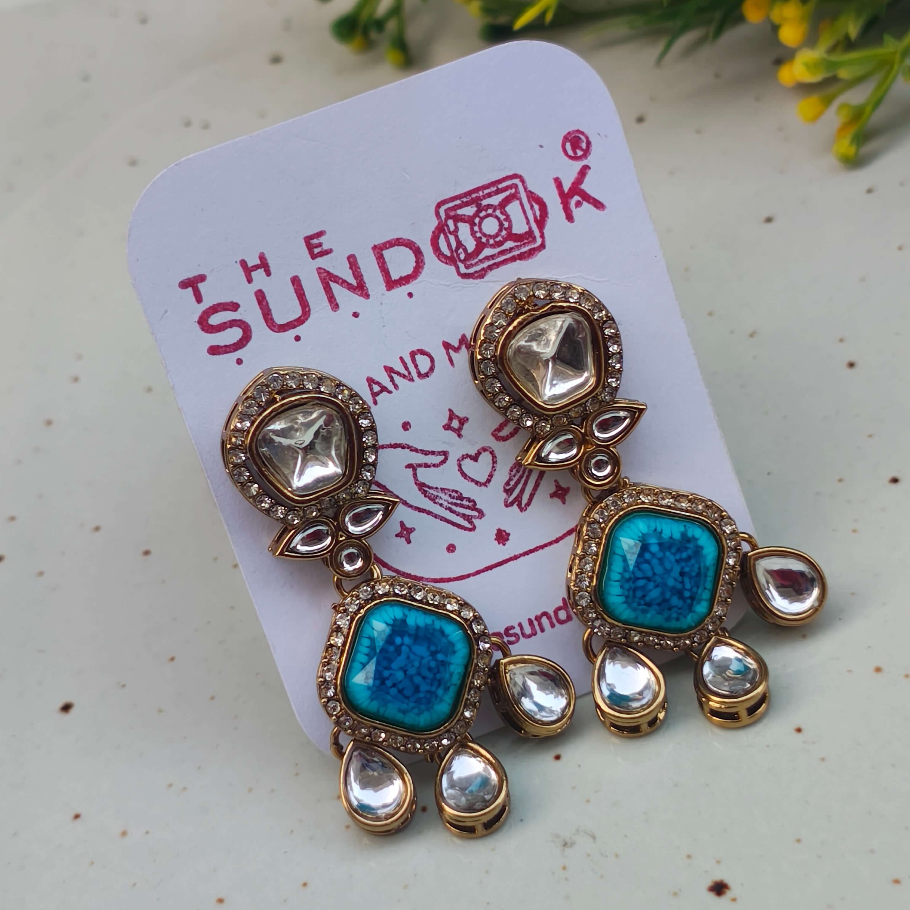 Naina Statement Polki Teardrop Earrings - Turquoise Blue