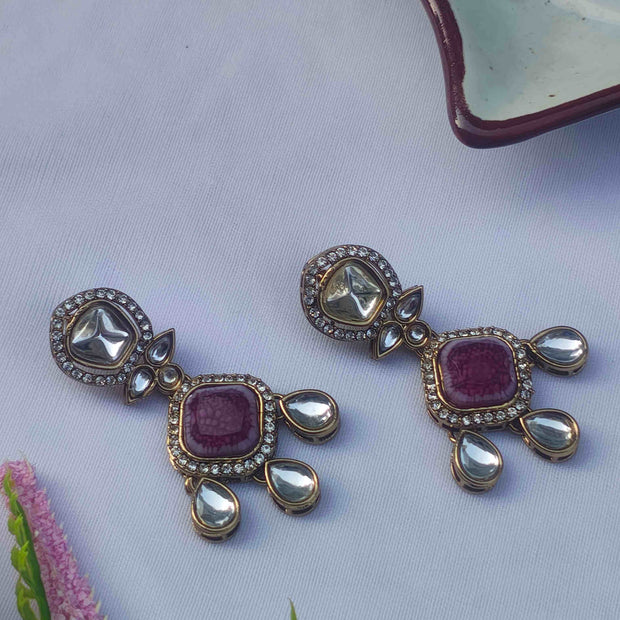Naina Statement Polki Teardrop Earrings - Wine Red