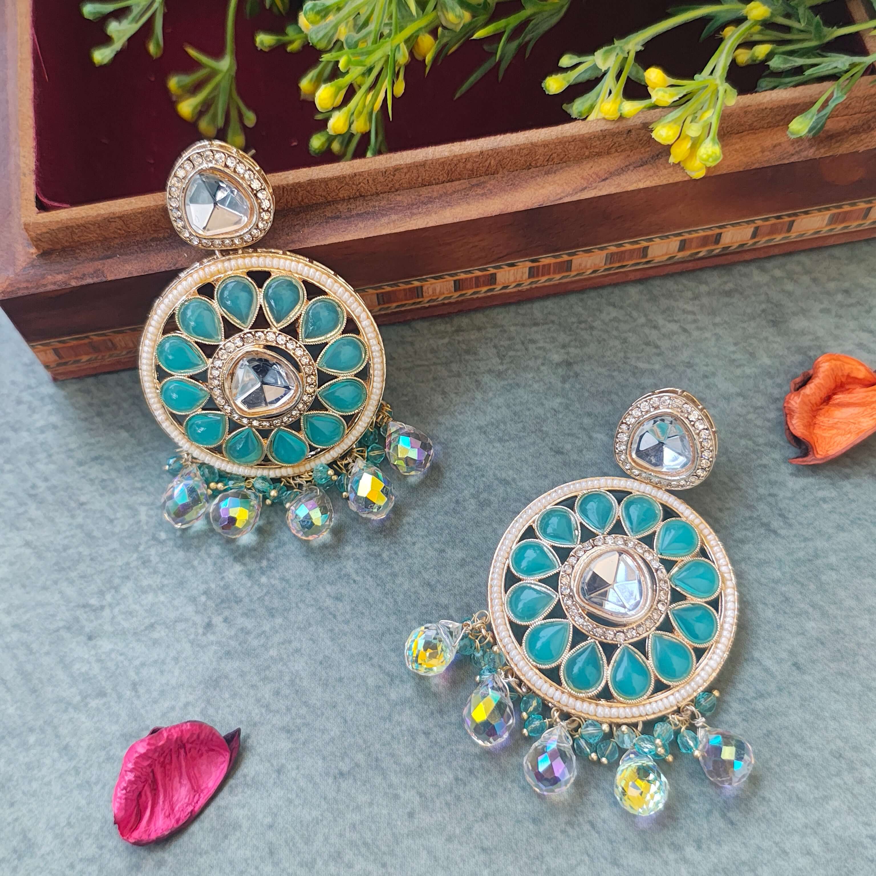 Niti Kundan Polki Chandbali Earrings With Crystal Drops
