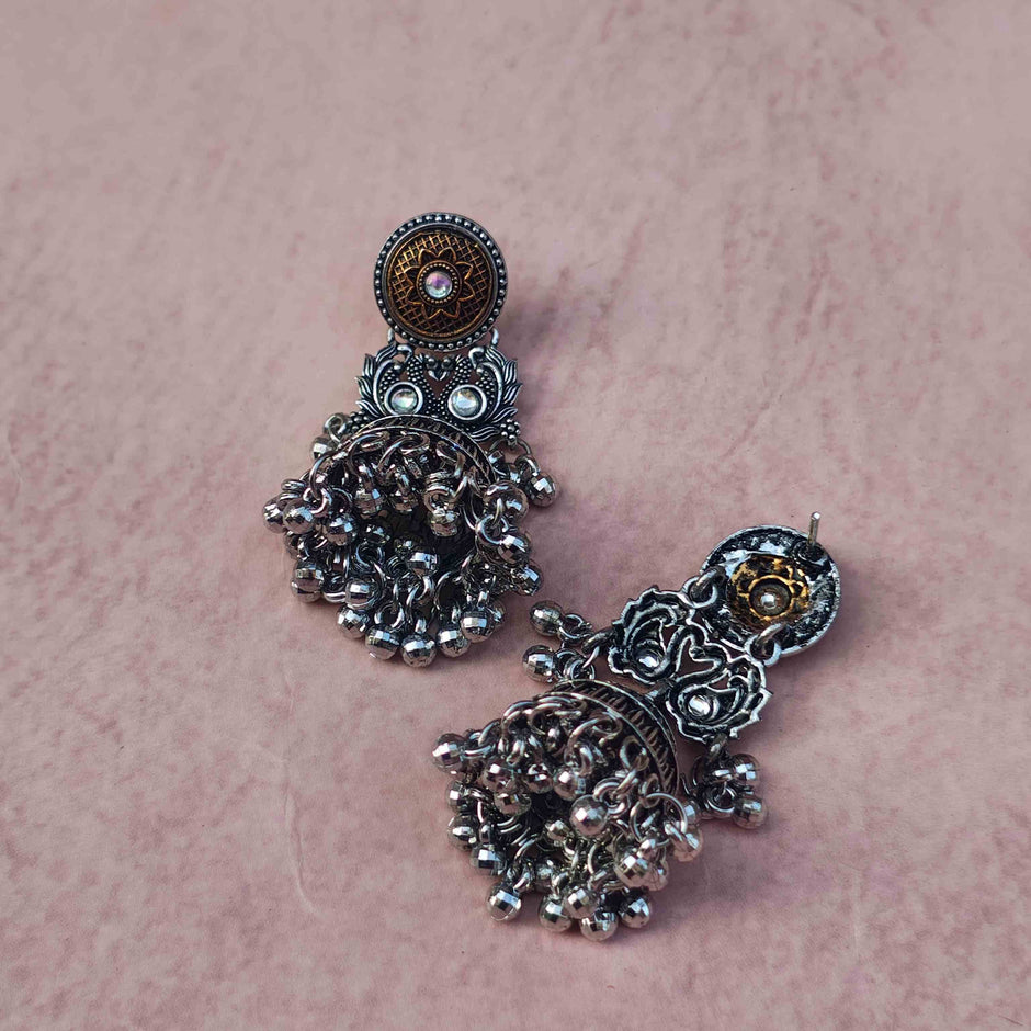 Nupur Silver Oxidized Jhumka Earrings with Ear Chain