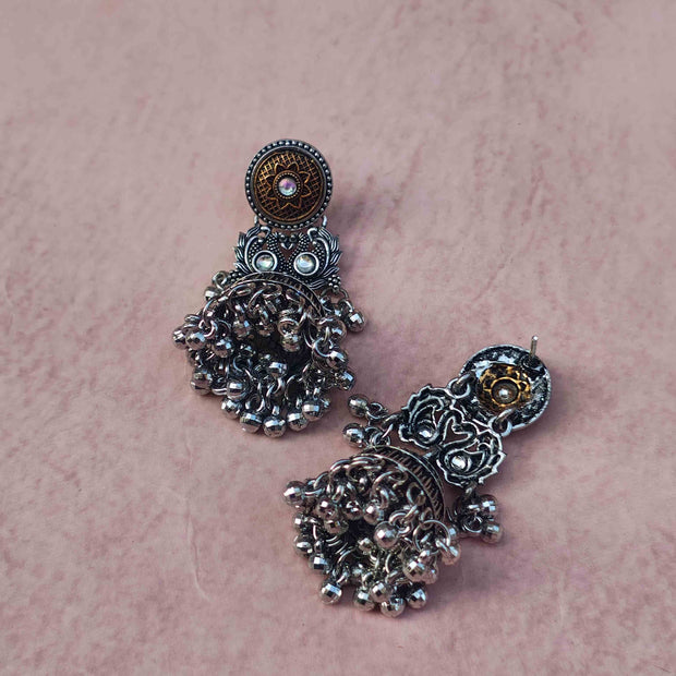 Nupur Silver Oxidized Jhumka Earrings with Ear Chain