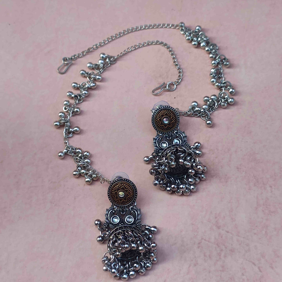 Nupur Silver Oxidized Jhumka Earrings with Ear Chain