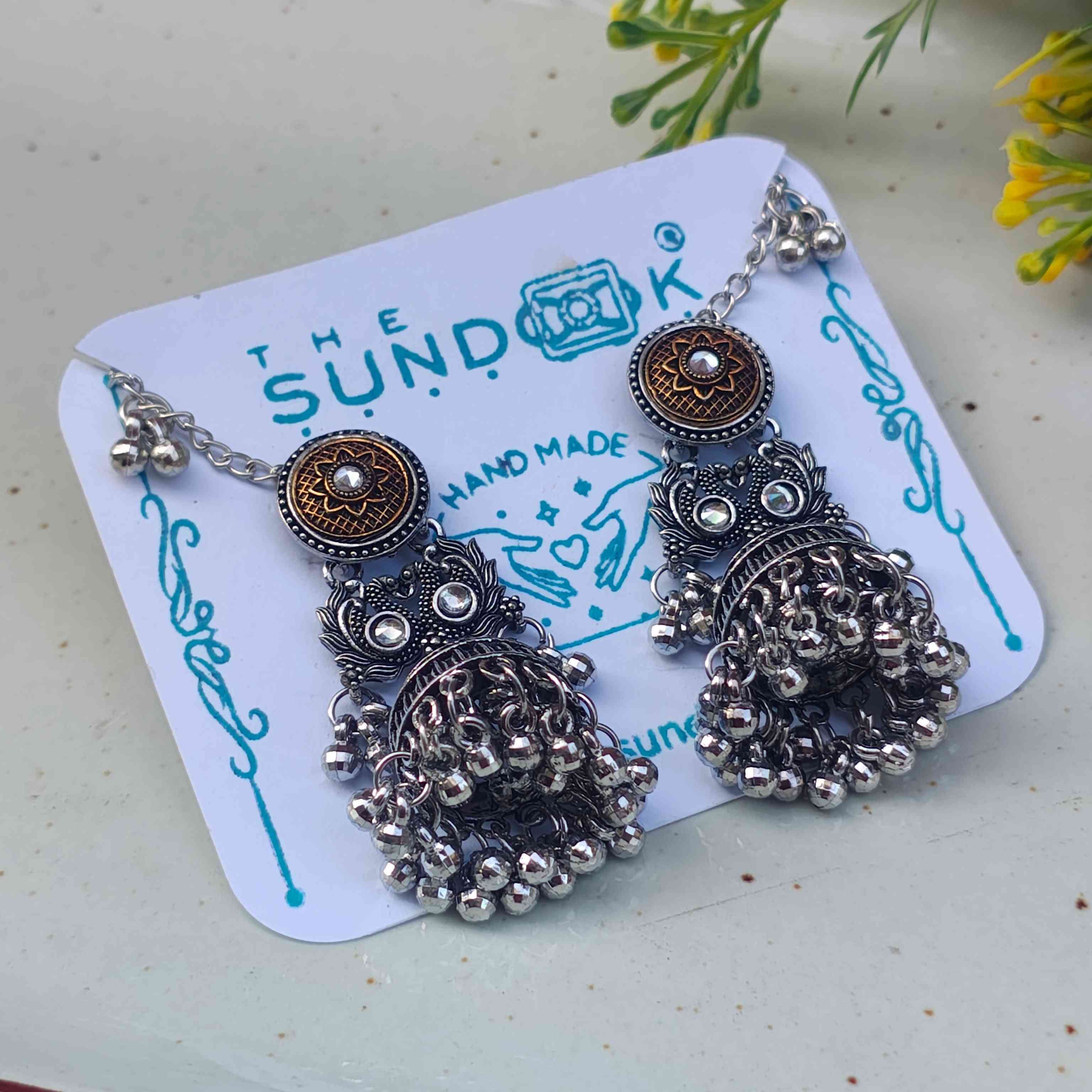 Nupur Silver Oxidized Jhumka Earrings with Ear Chain