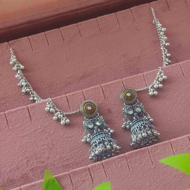 Nupur Silver Oxidized Jhumka Earrings with Ear Chain