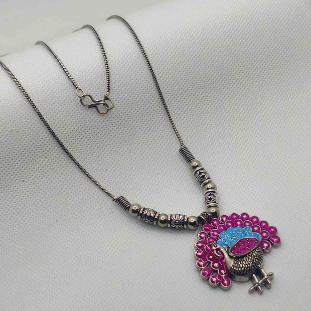 Pankhudi Silver Oxidized Chain Pendant - Pink