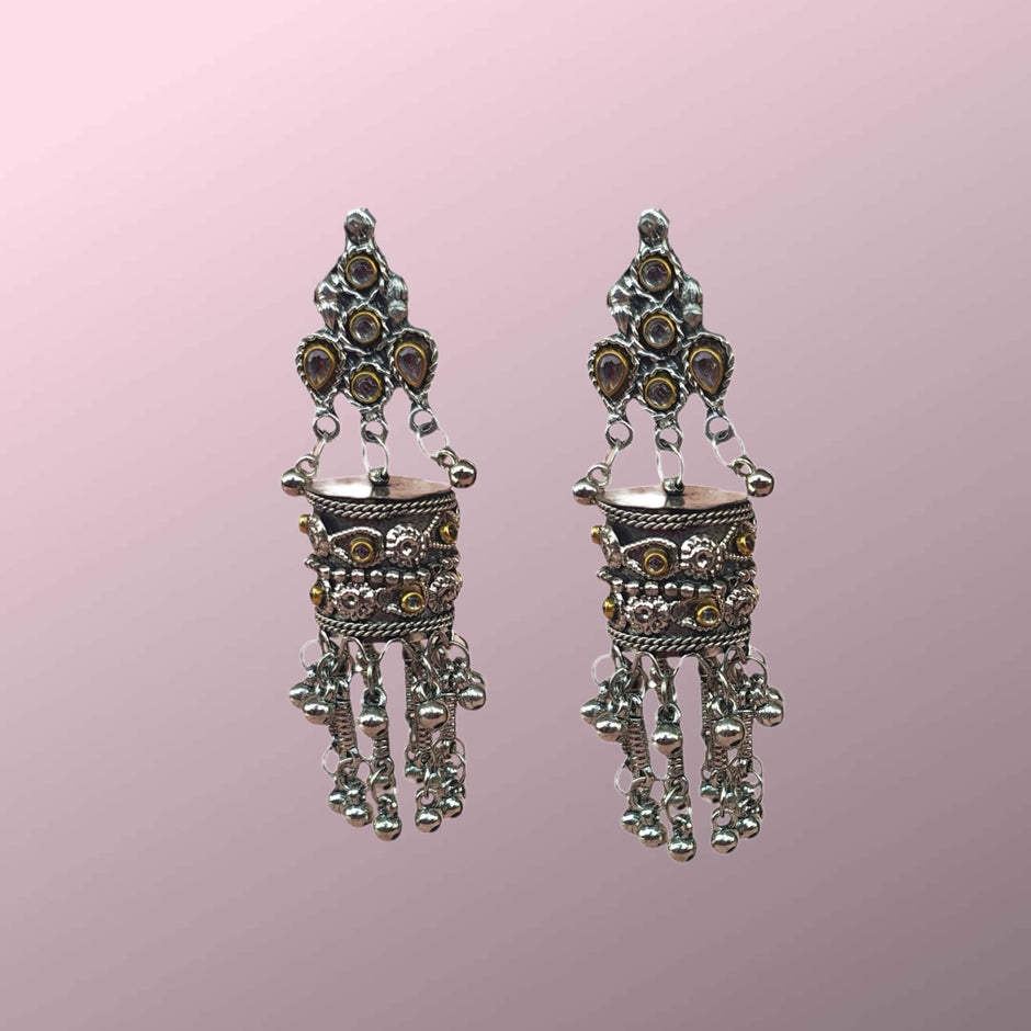 PRISHA SILVER OXIDIZED KUNDAN & GHUNGROO JHUMKA EARRINGS
