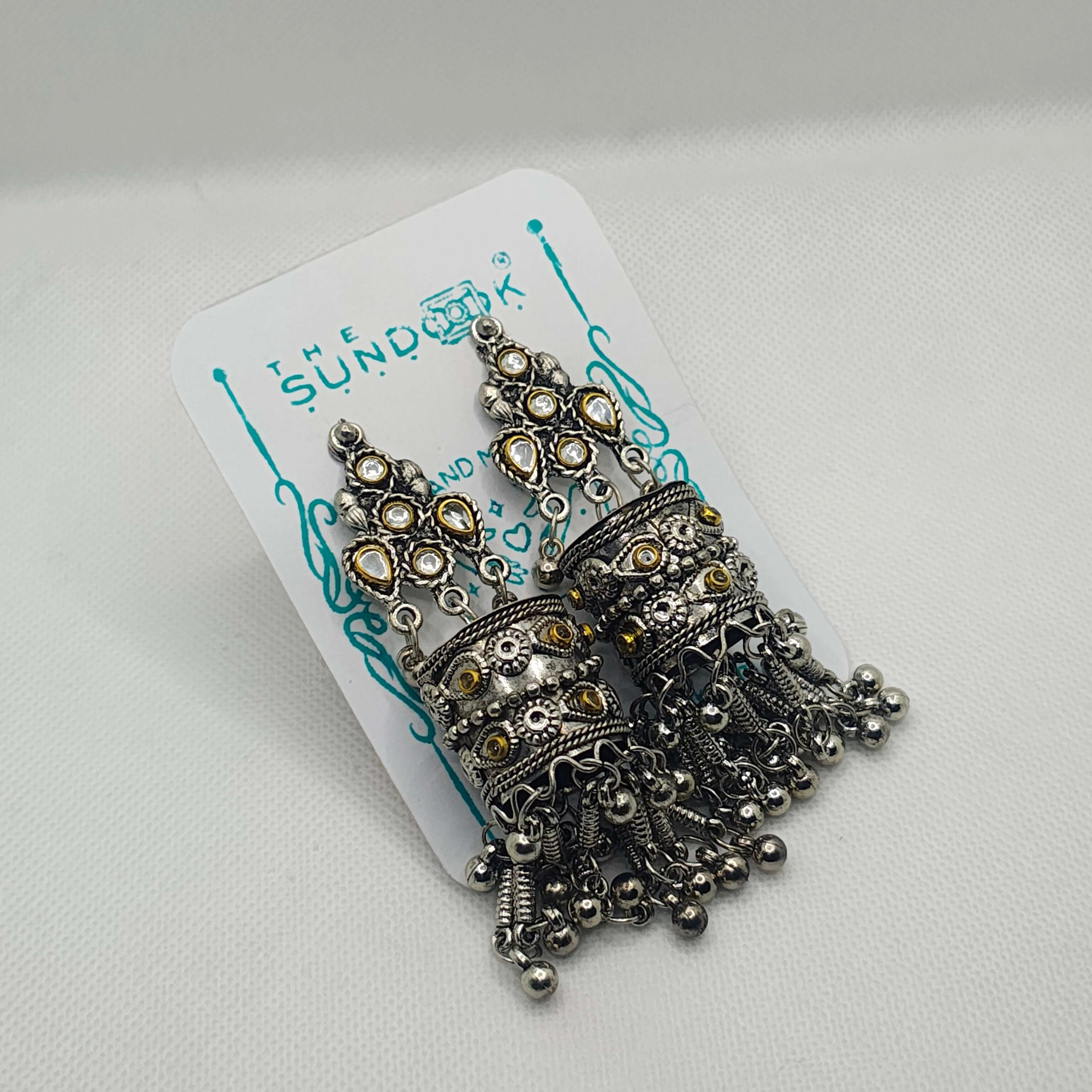 PRISHA SILVER OXIDIZED KUNDAN & GHUNGROO JHUMKA EARRINGS