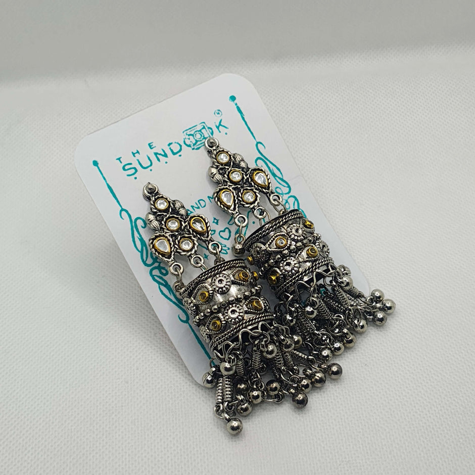 PRISHA SILVER OXIDIZED KUNDAN & GHUNGROO JHUMKA EARRINGS