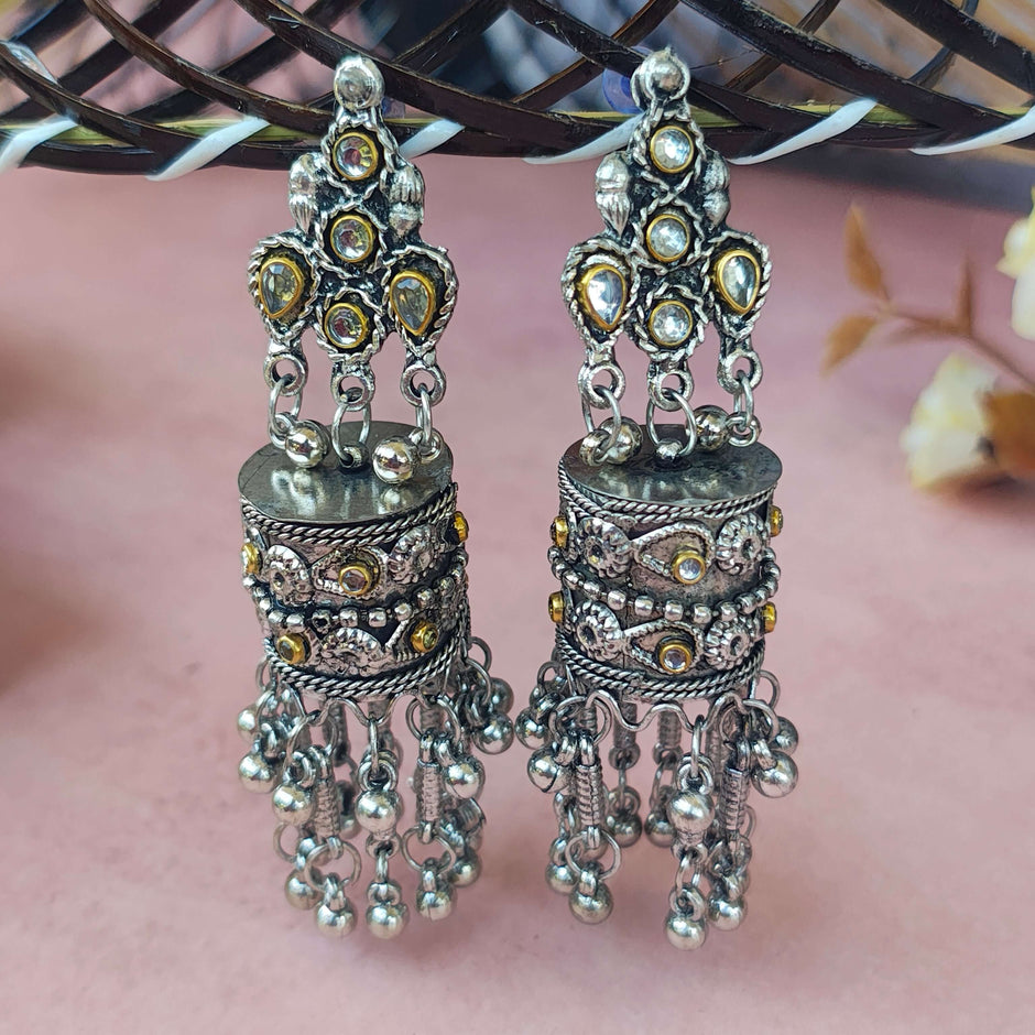 PRISHA SILVER OXIDIZED KUNDAN & GHUNGROO JHUMKA EARRINGS